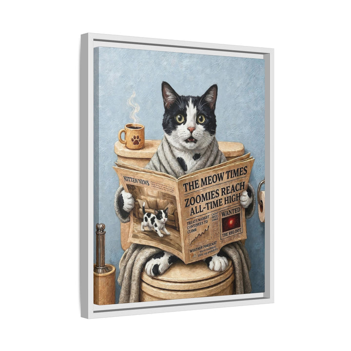 "Morning Business" - Black & White Bicolor Vertical Framed Canvas - Cat Lover Wall Art
