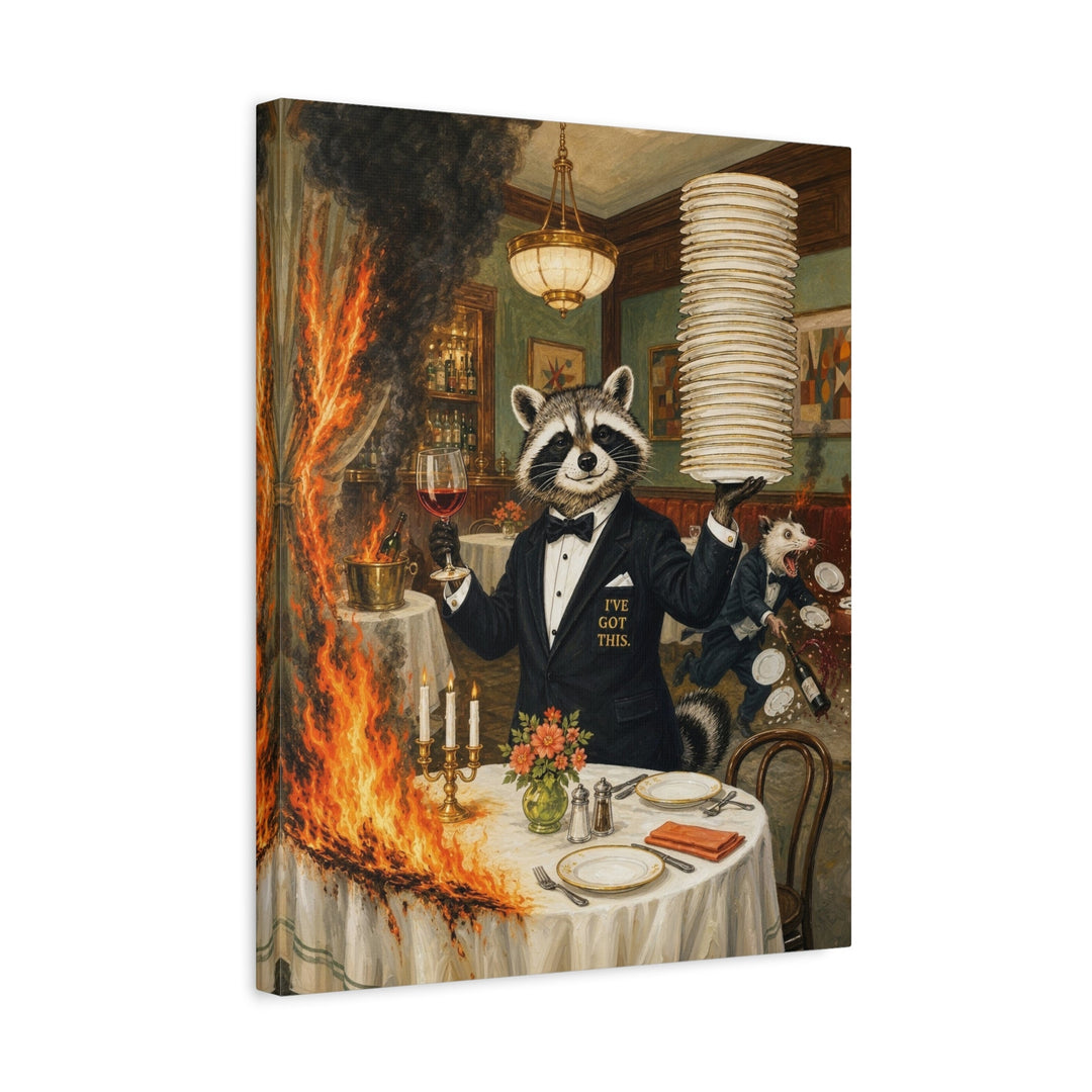 "I've Got This" - Raccoon Vertical Canvas - Dark Burnout Humor Wall Art