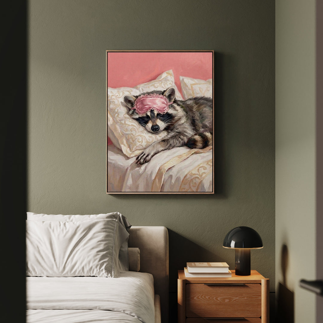 "Beauty Sleep" - Raccoon Vertical Framed Canvas - Spirit Animal Wall Art