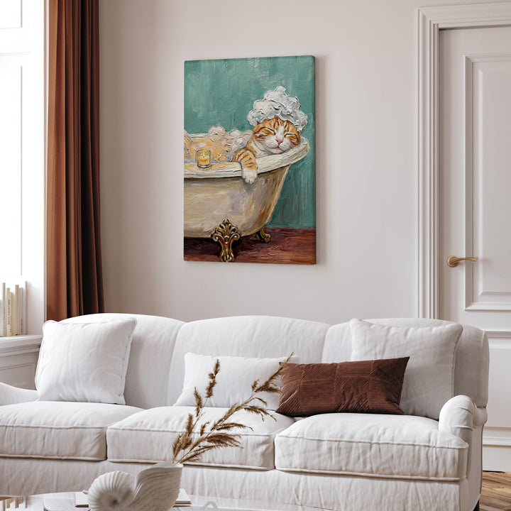 "Spa Day" - Orange & White Tabby Vertical Canvas - Cat Lover Wall Art