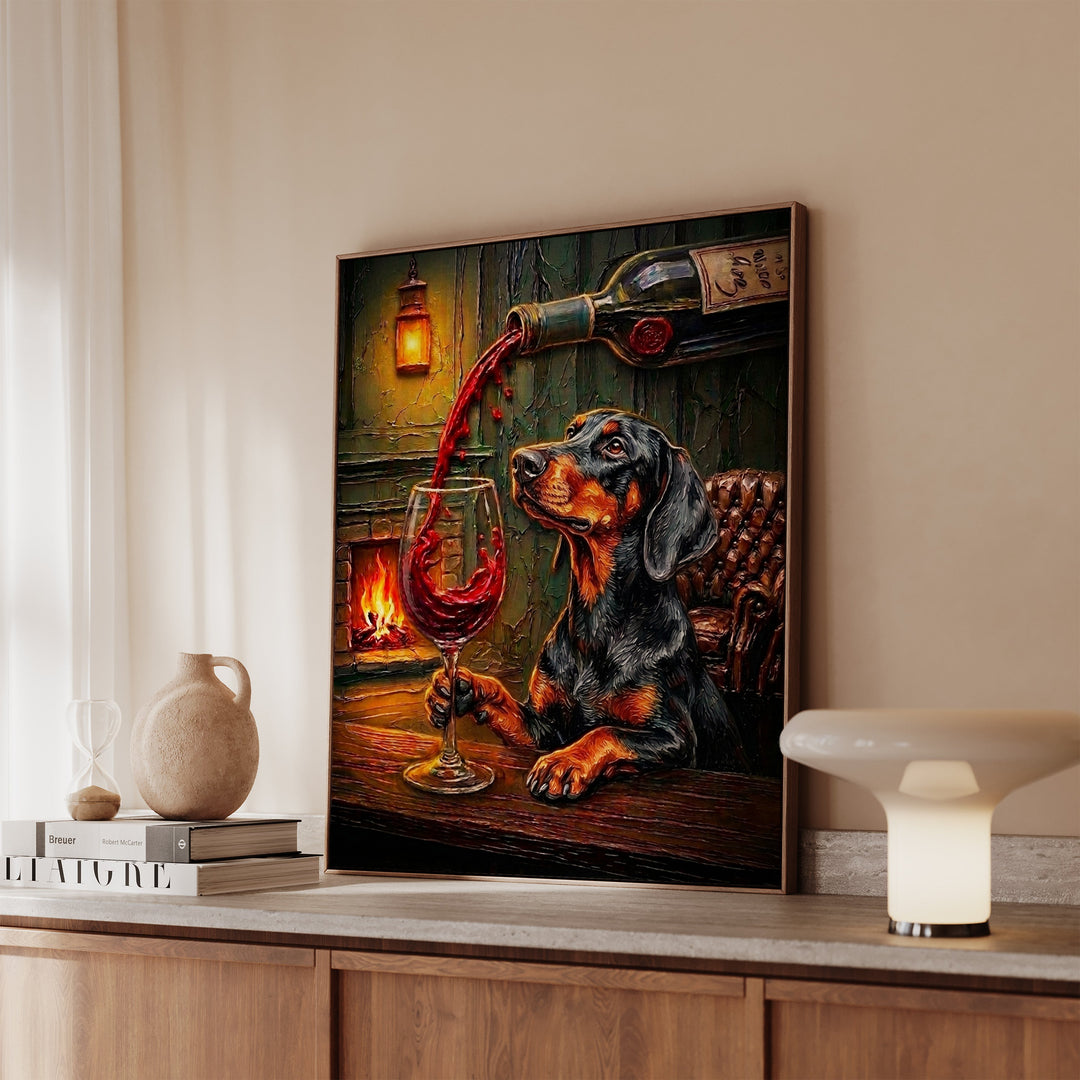 Doberman Wine & Woof Framed Canvas