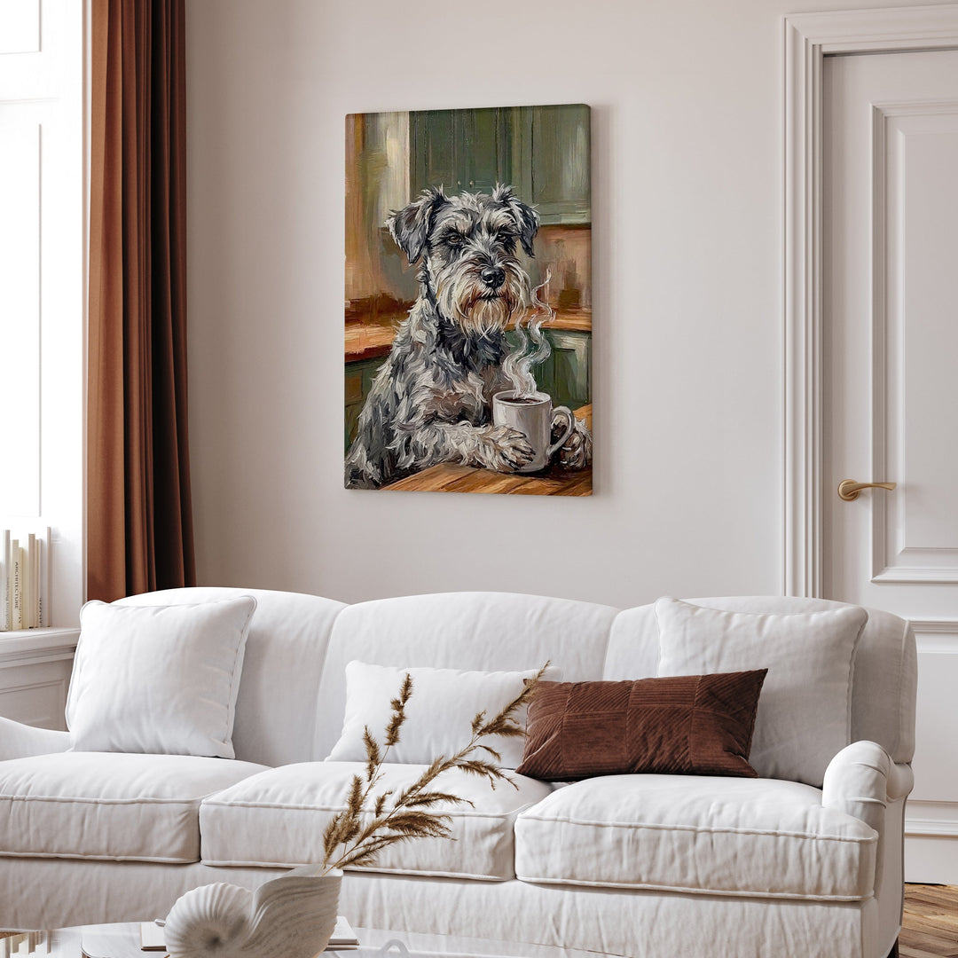 "Before Coffee" - Schnauzer Vertical Canvas - Dog Lover Wall Art