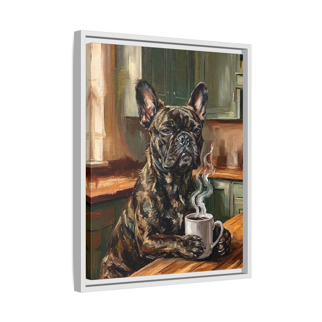 "Before Coffee" - French Bulldog Vertical Framed Canvas - Dog Lover Wall Art