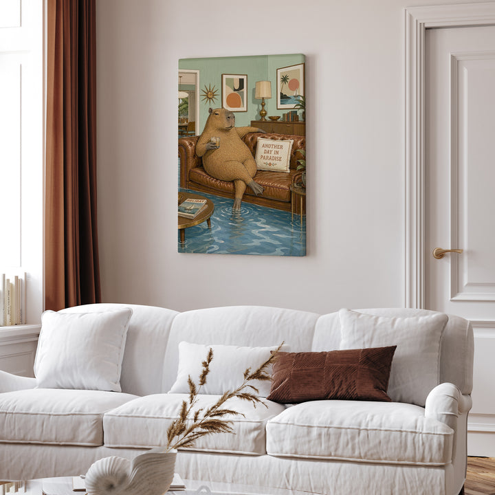 "Another Day in Paradise" - Capybara Vertical Canvas - Dark Burnout Humor Wall Art