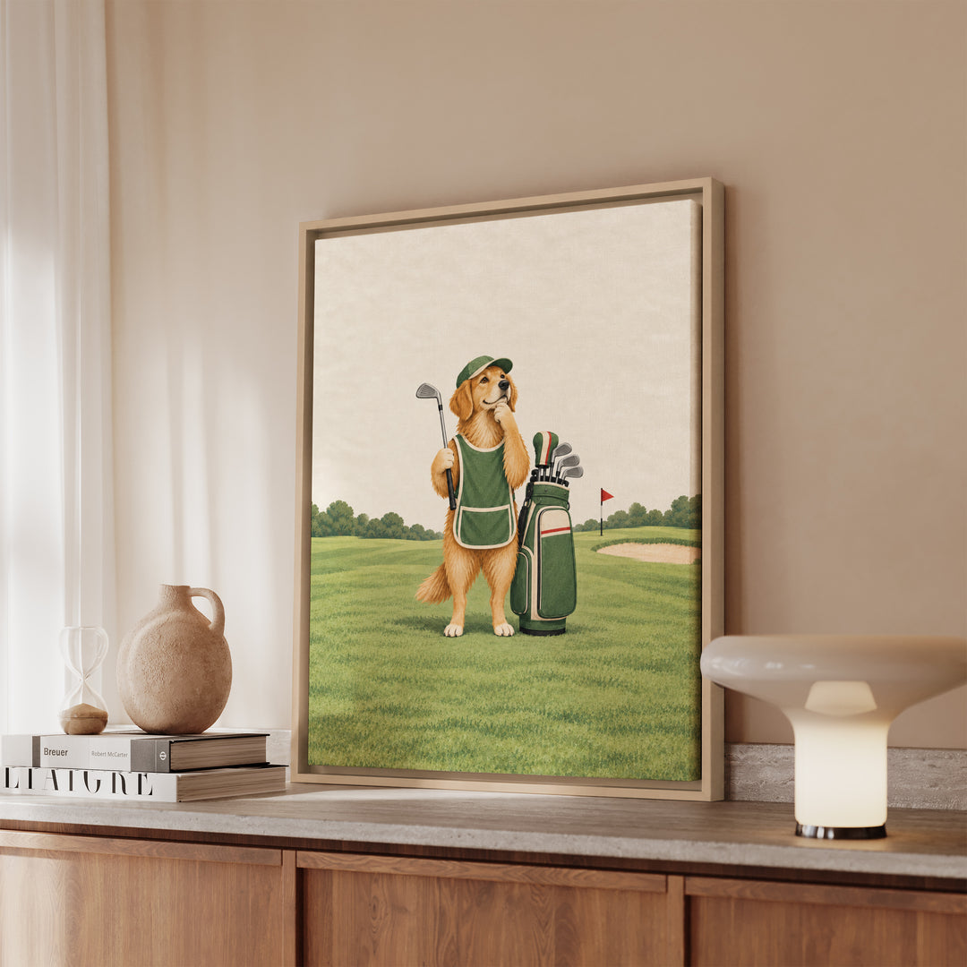 The Caddie – Golf Wall Art with a Dog Studying the Green – Framed Canvas Wall Art
