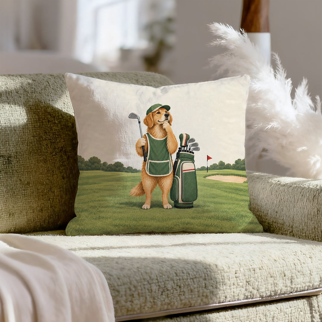 The Caddie – Golf Decor with a Dog Studying the Green – Throw Pillow