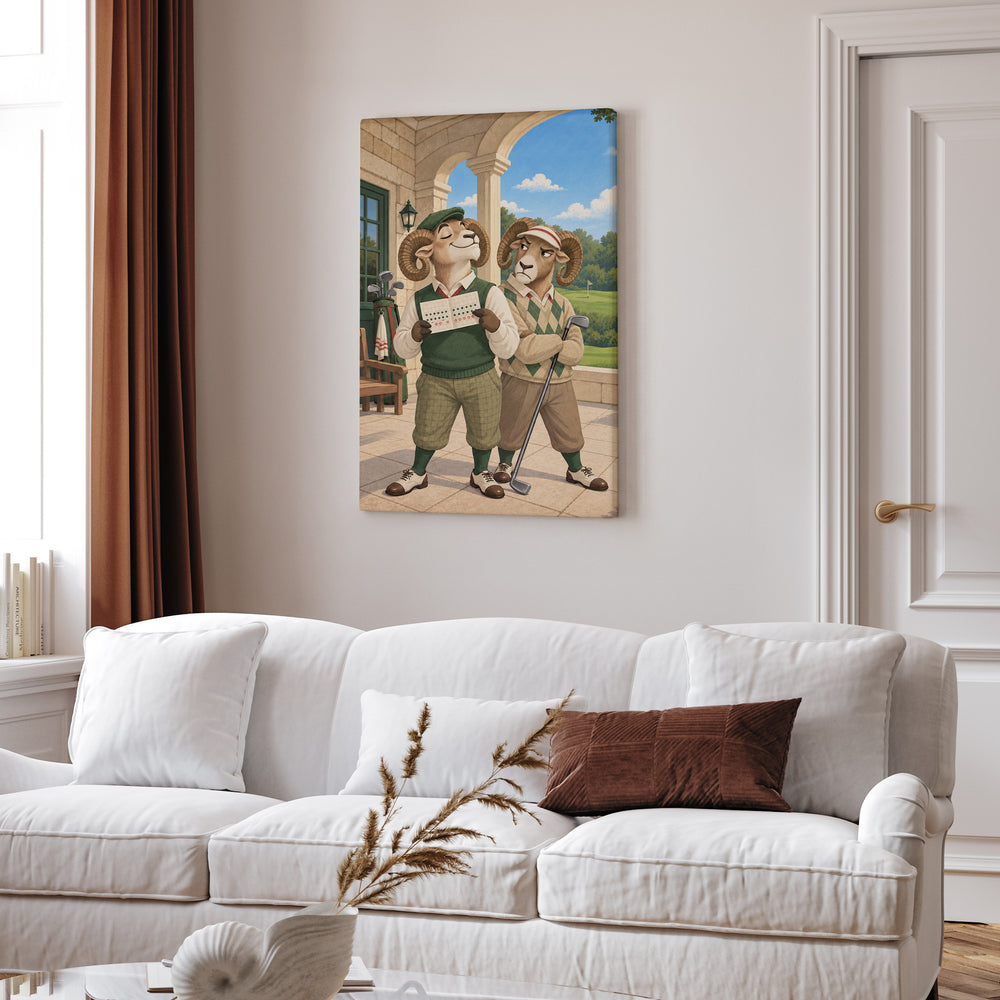 The 19th Hole – Golf Wall Art with Two Rams and a Suspect Scorecard – Canvas Wall Art