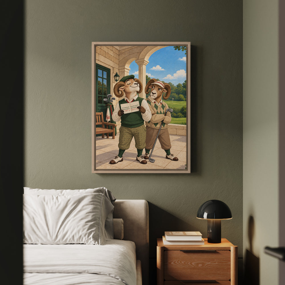 The 19th Hole – Golf Wall Art with Two Rams and a Suspect Scorecard – Framed Canvas Wall Art