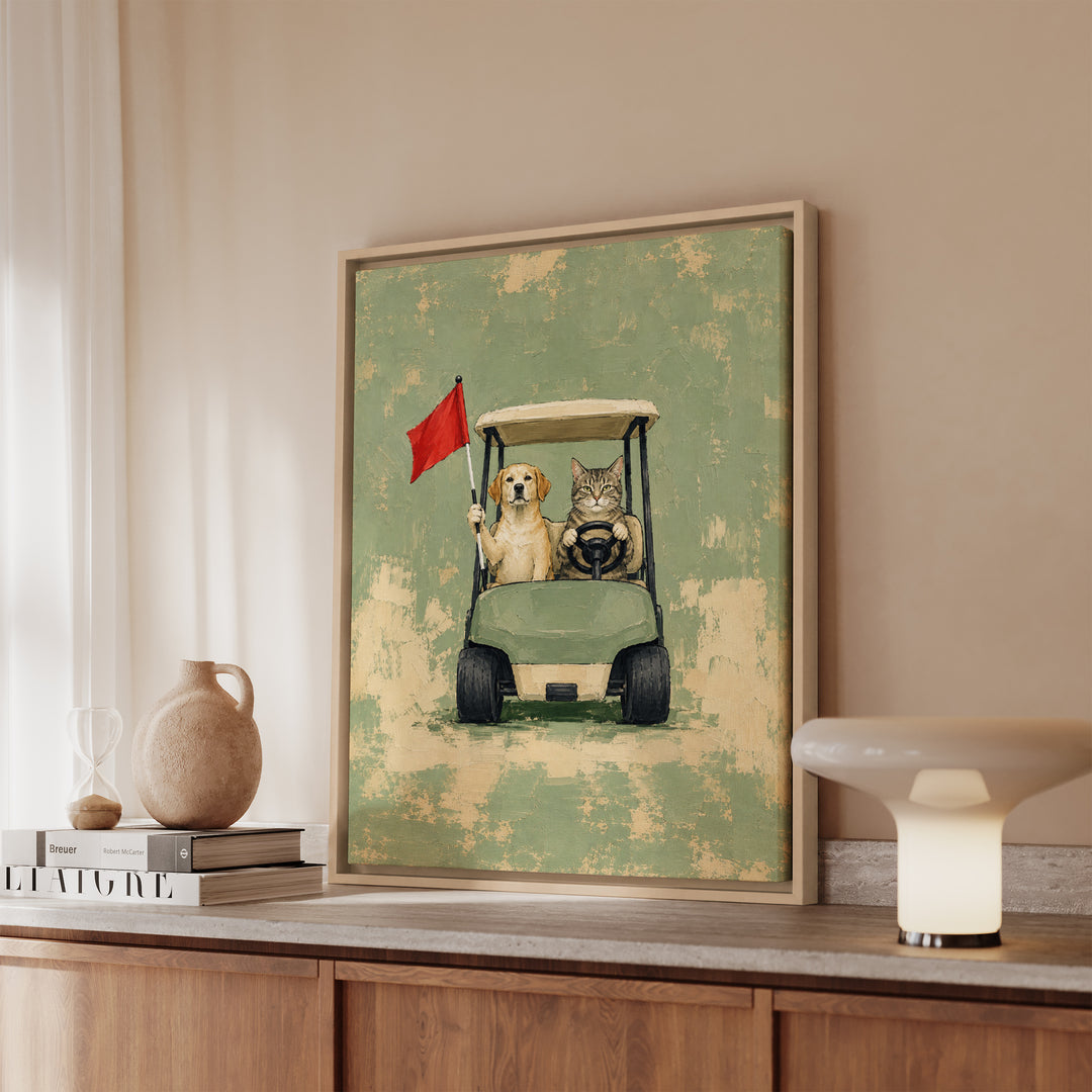Par-tners – Golf Wall Art with a Cart Driver and a Flag Holder – Framed Canvas Wall Art