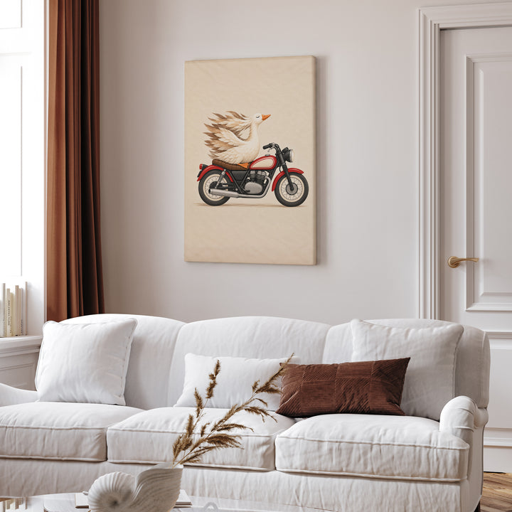 Wind Therapy – Motorcycle Art with a Goose Riding Pillion – Canvas / Framed Canvas