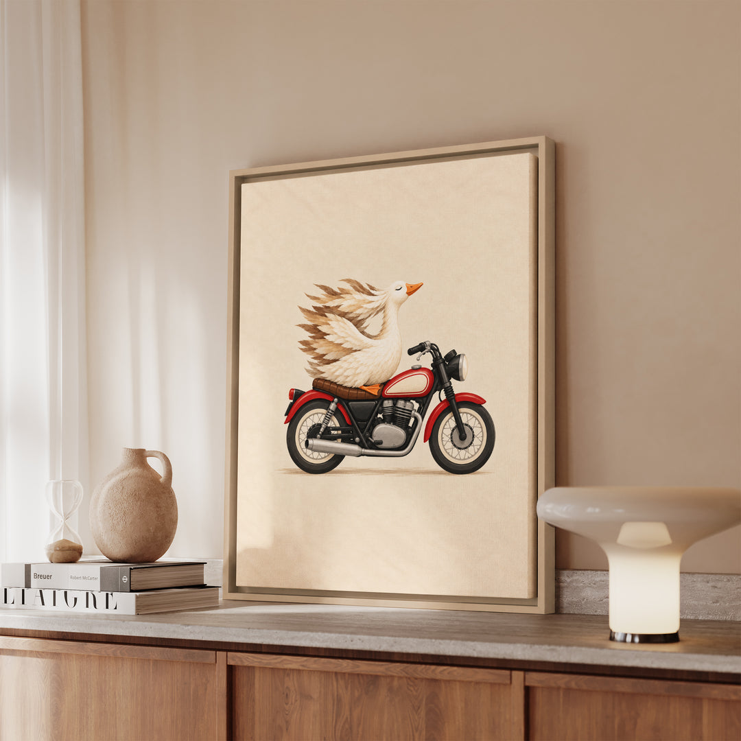 Wind Therapy – Motorcycle Art with a Goose Riding Pillion – Canvas / Framed Canvas