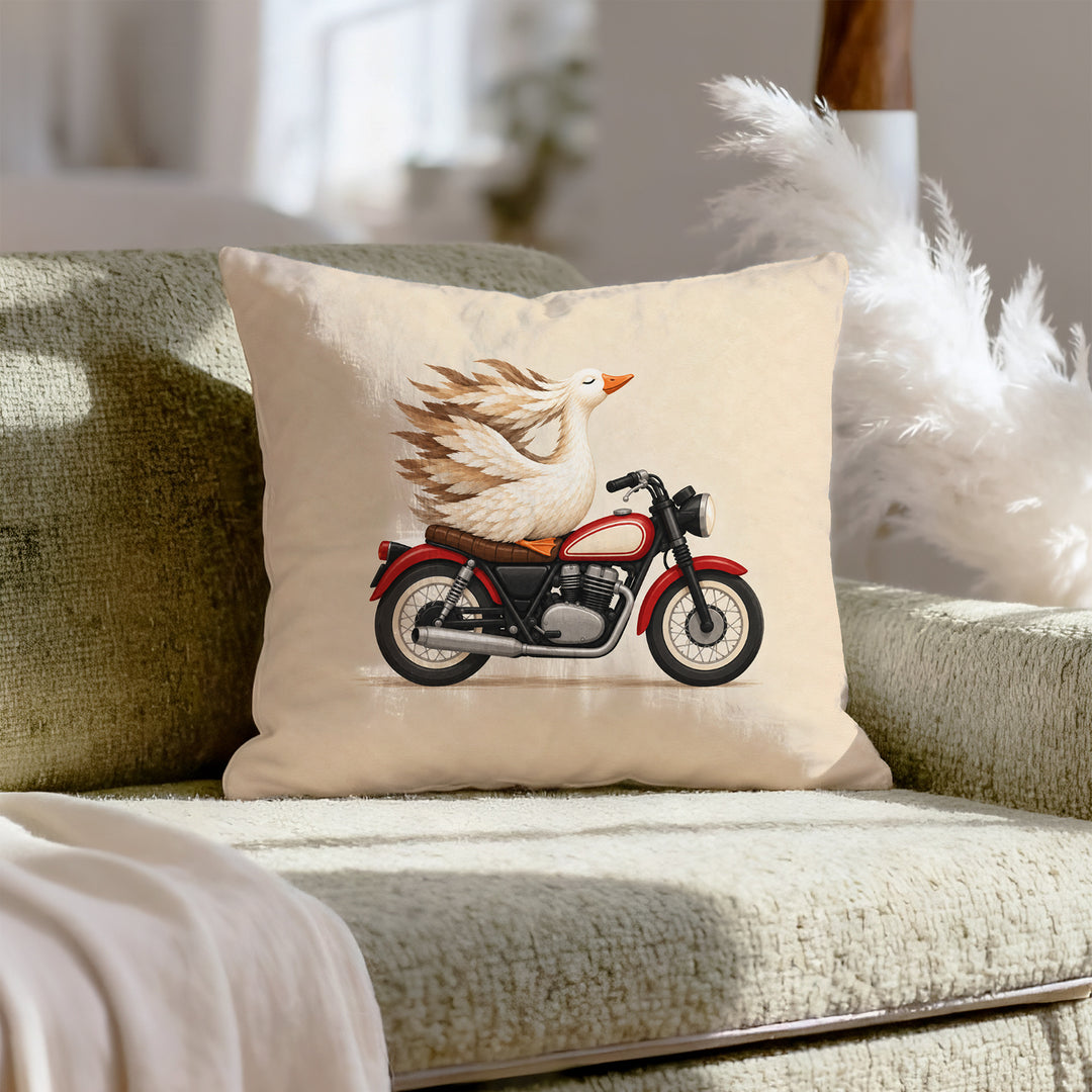 Wind Therapy – Motorcycle Decor with a Goose Riding Pillion – Pillow Cover