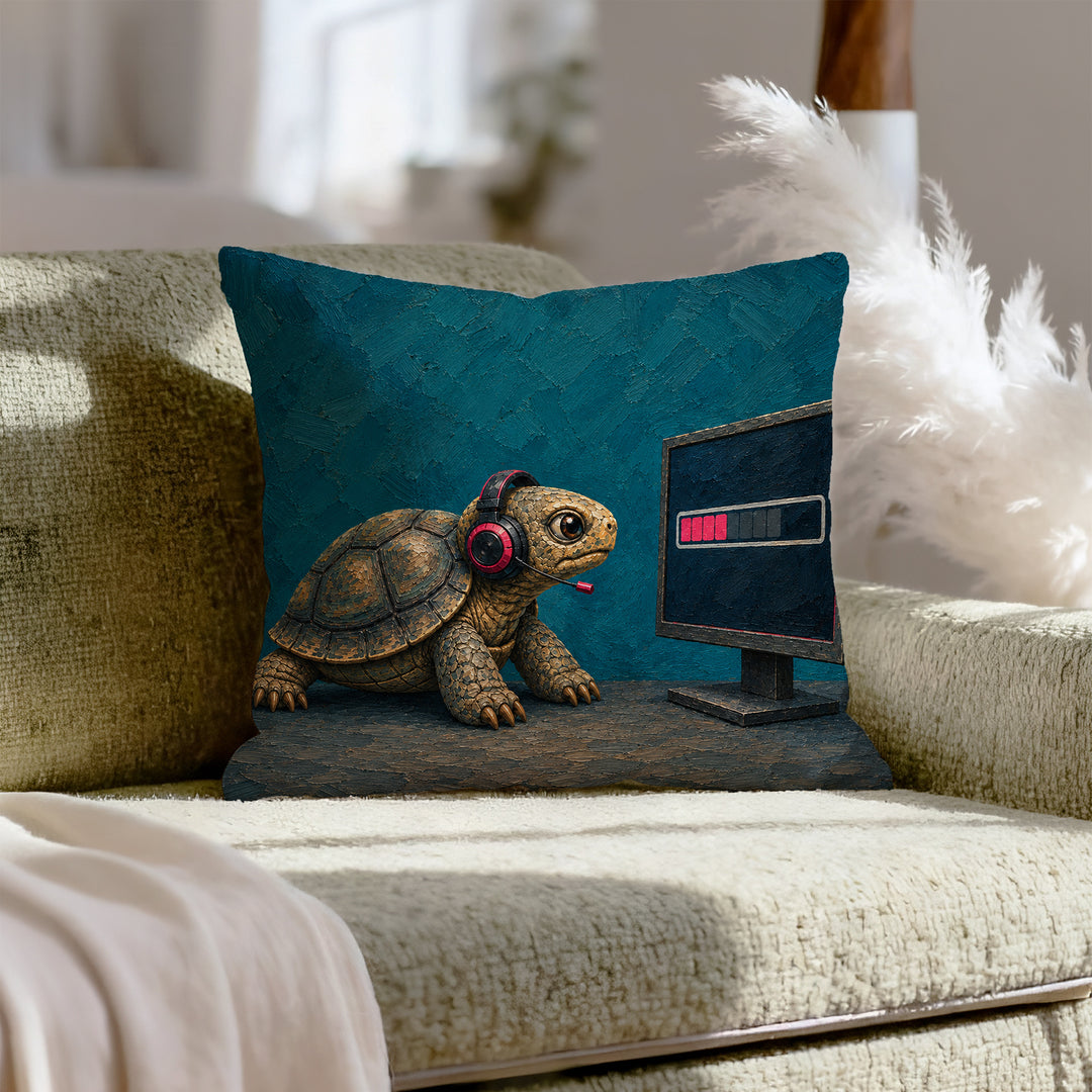 Lag – Gaming Decor with a Tortoise and a Loading Bar – Throw Pillow