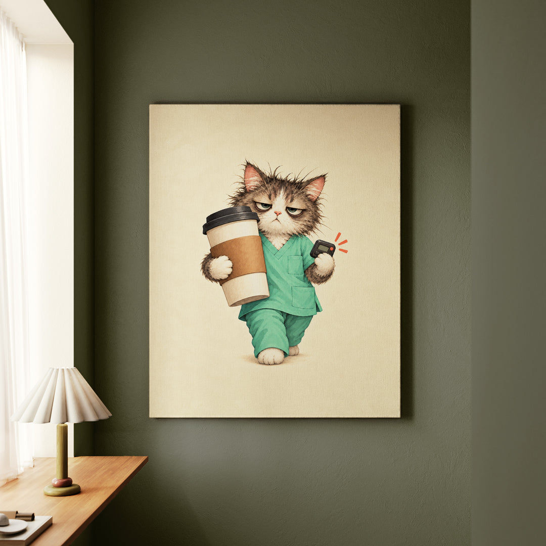Night Shift Fuel – Nurse Wall Art with Scrubs and a 3 AM Pager – Canvas / Framed Canvas