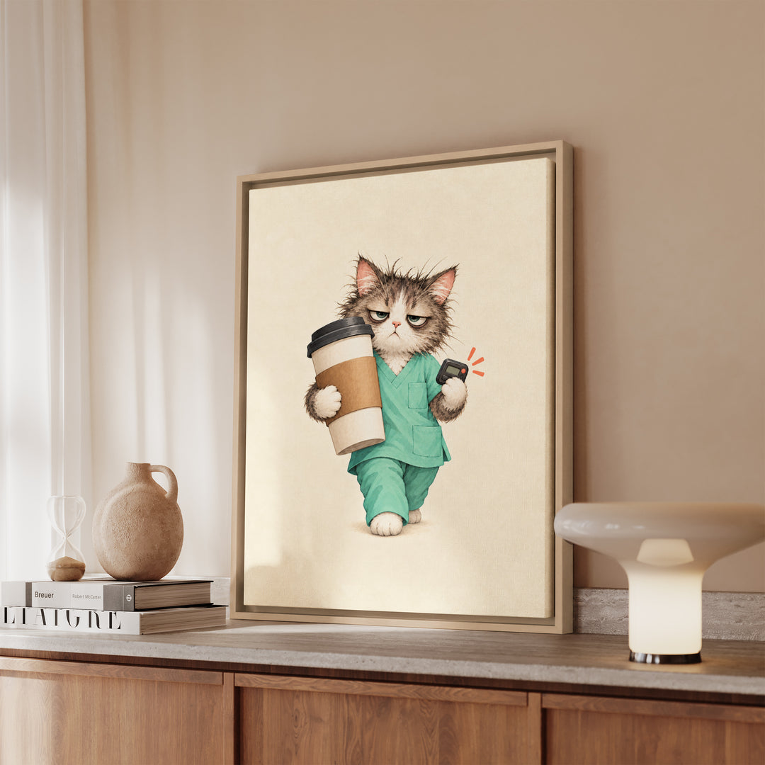 Night Shift Fuel – Nurse Wall Art with Scrubs and a 3 AM Pager – Framed Canvas Wall Art