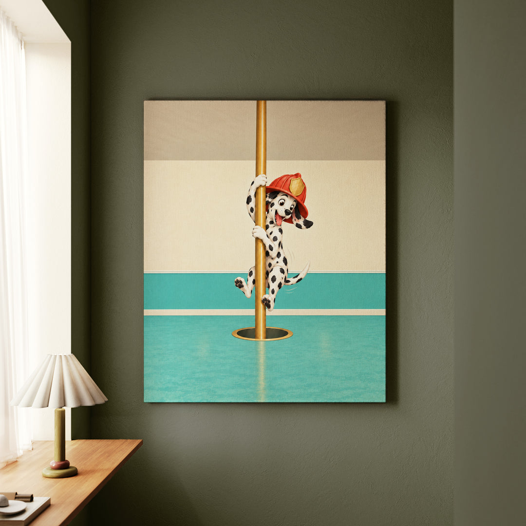 Station Dog – Firefighter Wall Art with a Dalmatian on the Pole – Canvas Wall Art