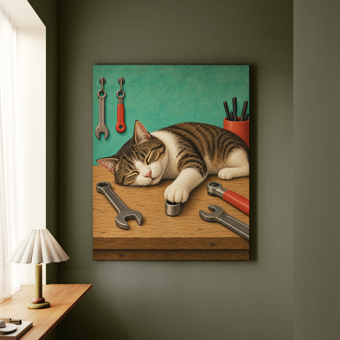 Shop Cat – Garage Wall Art with a Sleeper on the Workbench – Canvas / Framed Canvas