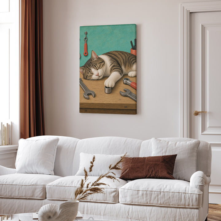 Shop Cat – Garage Wall Art with a Sleeper on the Workbench – Canvas Wall Art
