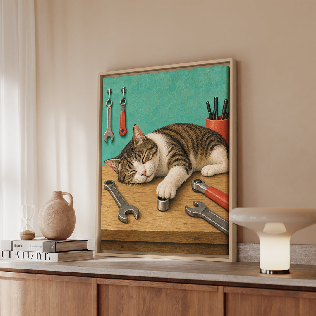 Shop Cat – Garage Wall Art with a Sleeper on the Workbench – Framed Canvas Wall Art