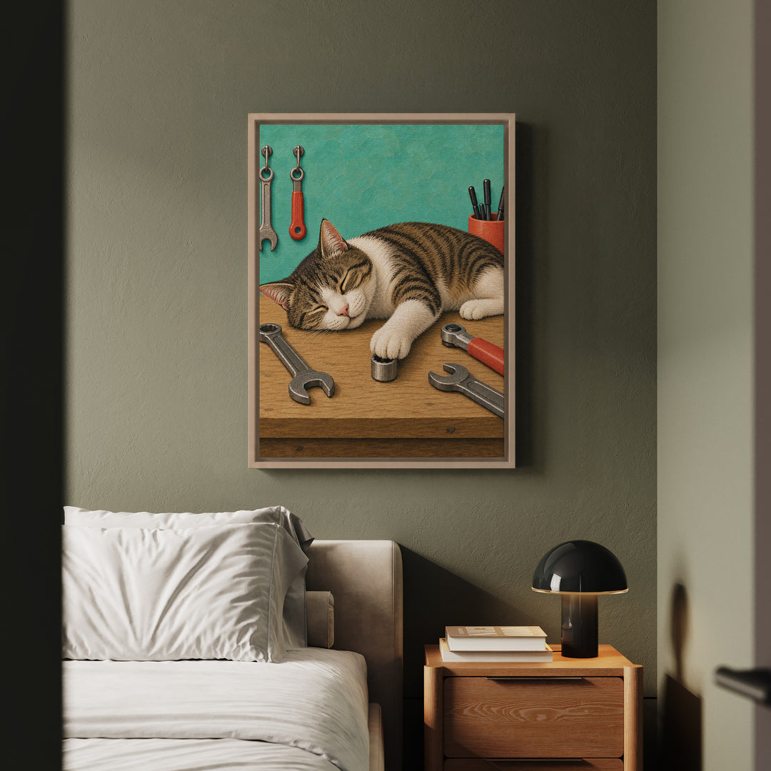 Shop Cat – Garage Wall Art with a Sleeper on the Workbench – Canvas / Framed Canvas