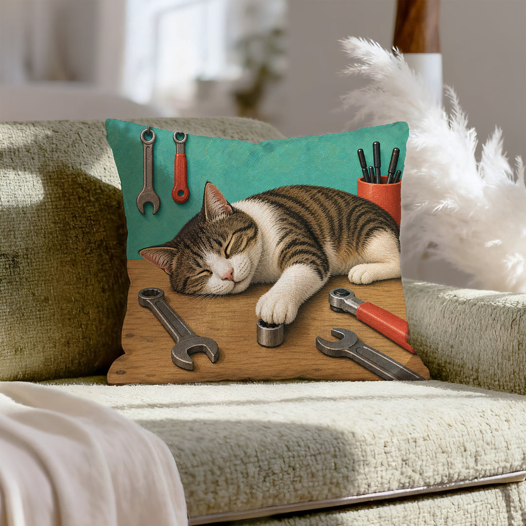 Shop Cat – Garage Decor with a Sleeper on the Workbench – Pillow Cover
