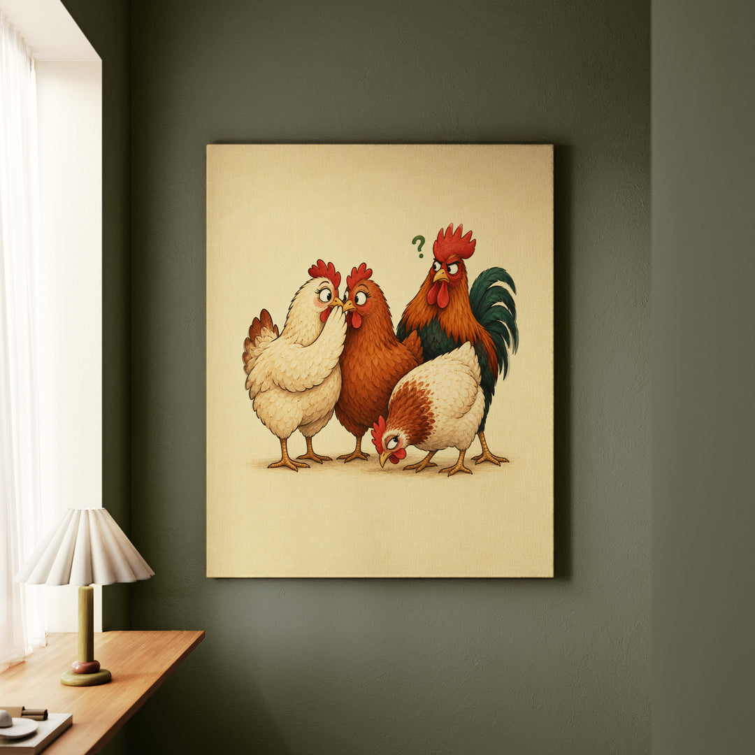 Coop Gossip – Chicken Wall Art with Two Hens and a Third Pretending – Canvas Wall Art