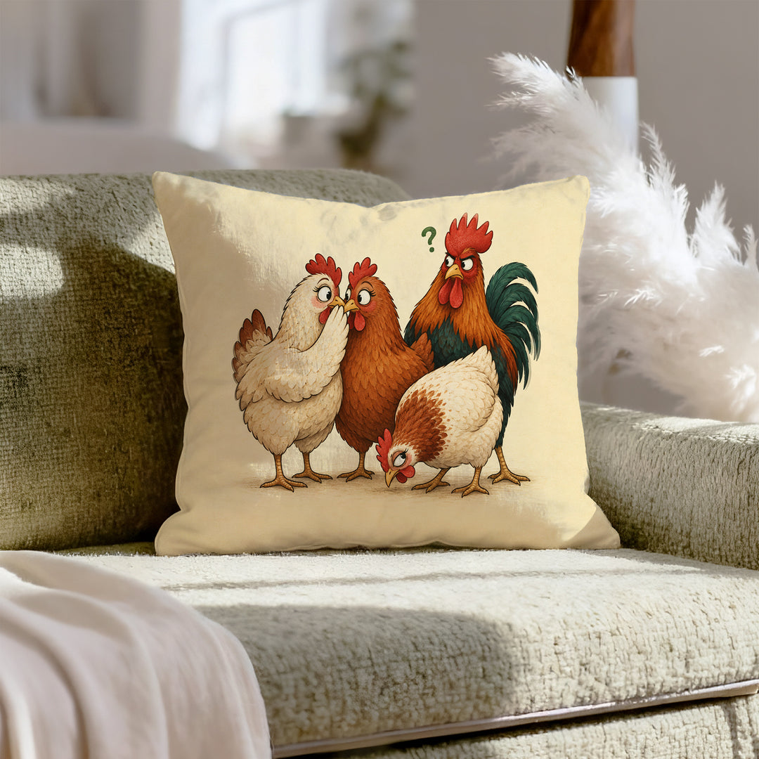 Coop Gossip – Chicken Decor with Two Hens and a Third Pretending – Throw Pillow