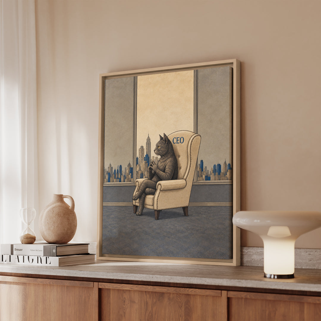 Chief Executive Officer – Funny Office Decor with a Leather Chair and Skyline – Framed Canvas Wall Art