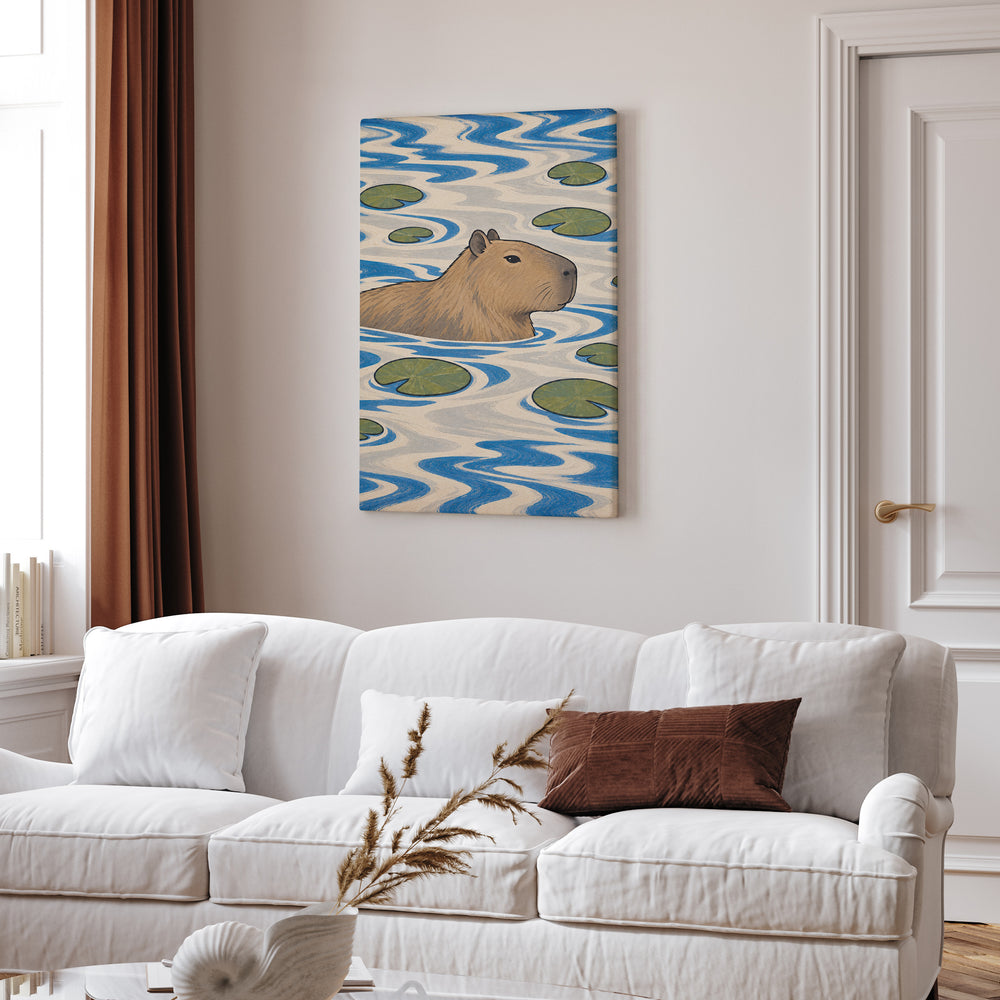 Slow River – Therapy Office Decor with a Drifting Capybara – Canvas Wall Art