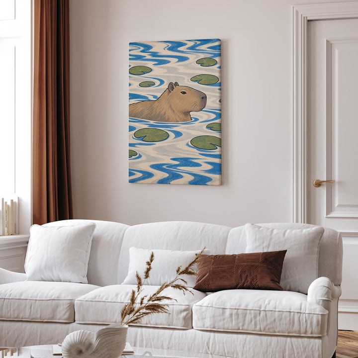 Slow River – Therapy Office Decor with a Drifting Capybara – Canvas / Framed Canvas