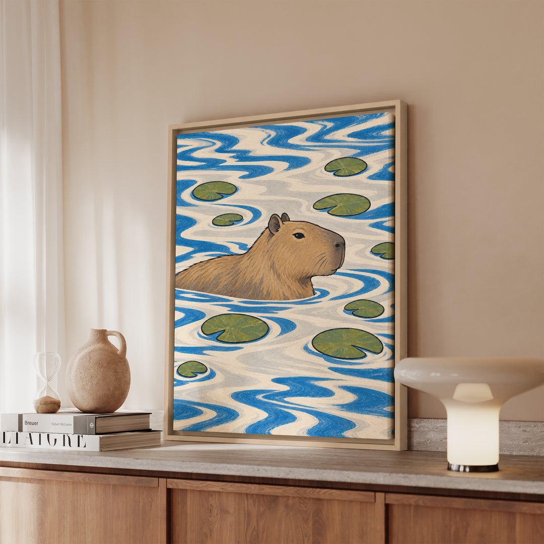 Slow River – Therapy Office Decor with a Drifting Capybara – Canvas / Framed Canvas