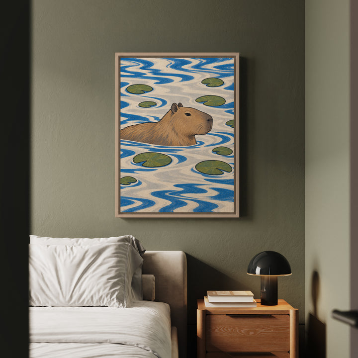 Slow River – Therapy Office Decor with a Drifting Capybara – Framed Canvas Wall Art