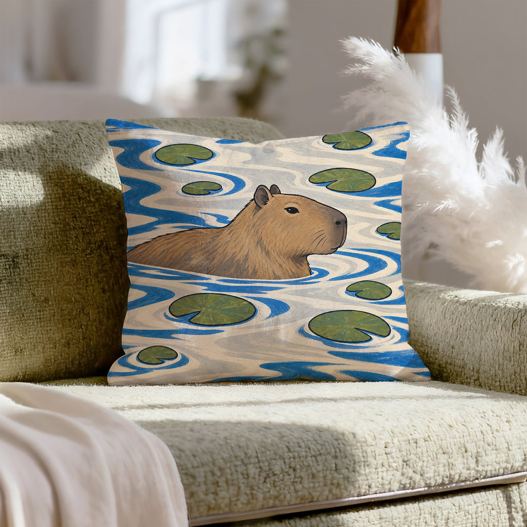 Slow River – Therapy Office Decor with a Drifting Capybara – Throw Pillow