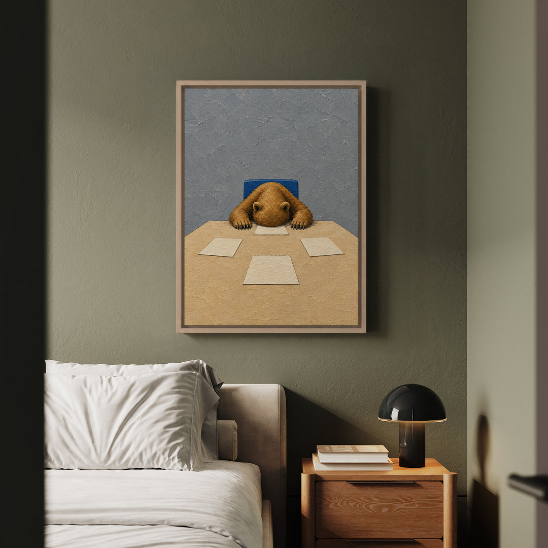 Could've Been An Email – Funny Office Decor with a Bear Face Down at the Table – Framed Canvas Wall Art