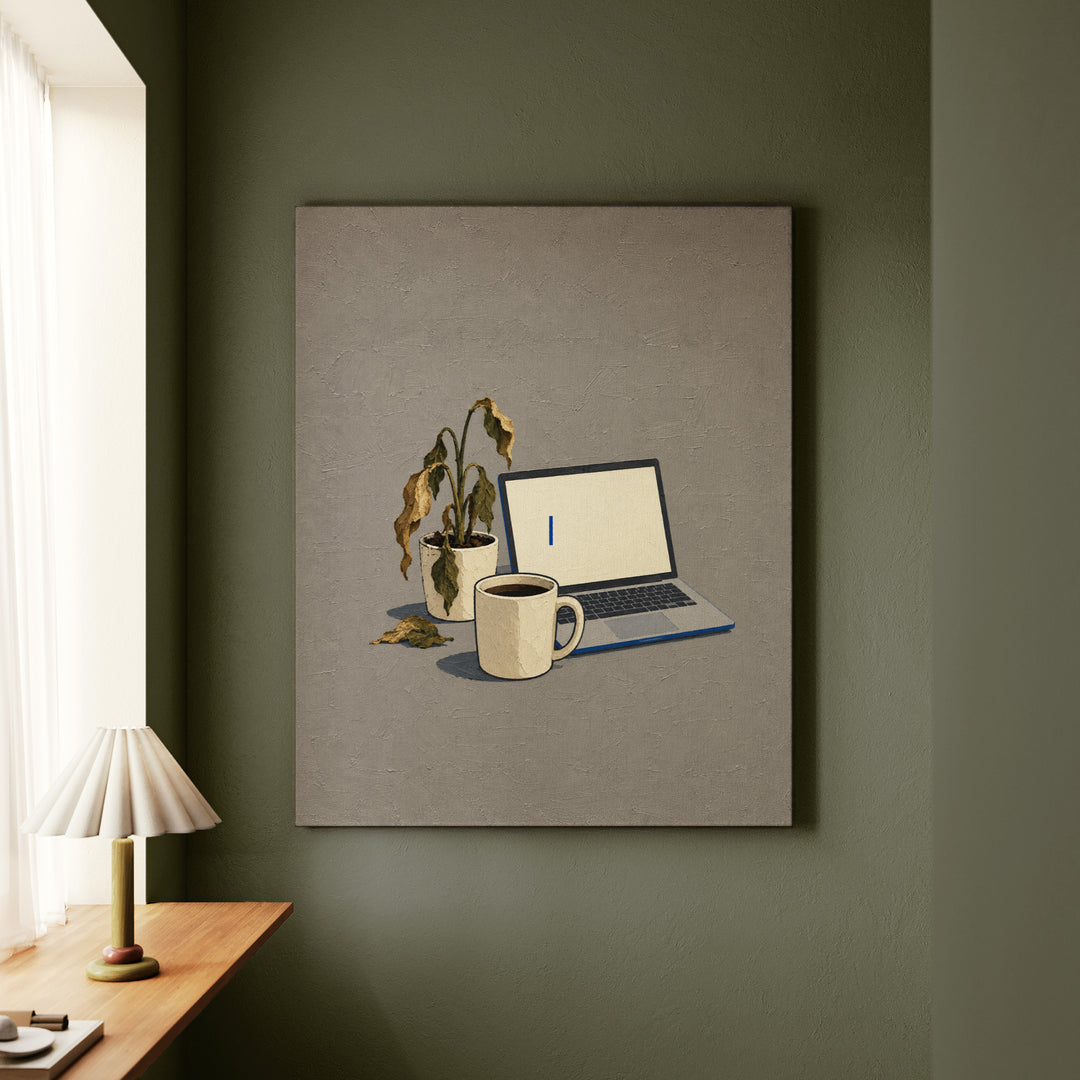 Monday: A Still Life – Funny Office Decor with Cold Coffee and a Dead Plant – Canvas Wall Art