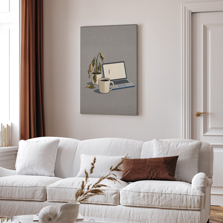 Monday: A Still Life – Funny Office Decor with Cold Coffee and a Dead Plant – Canvas / Framed Canvas