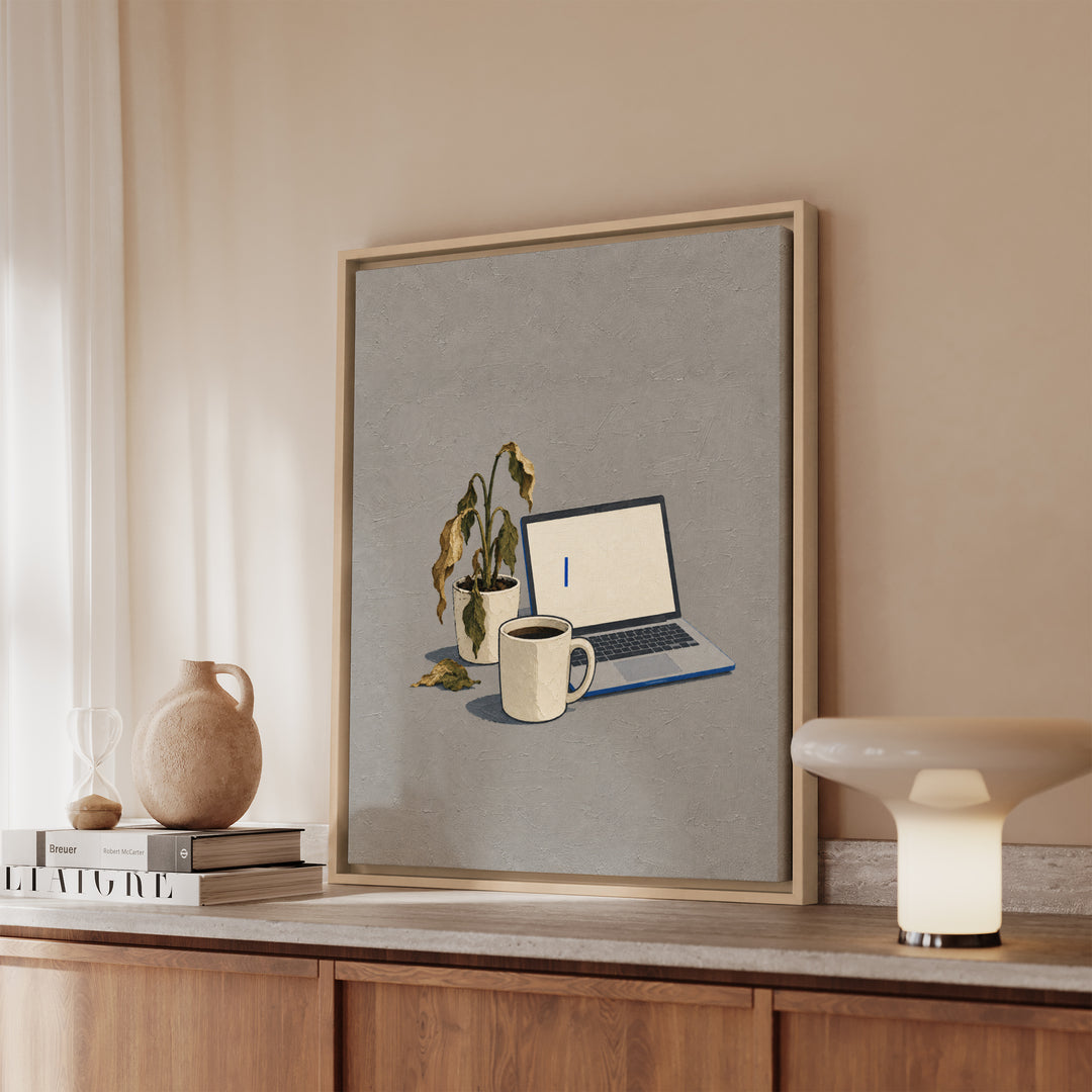 Monday: A Still Life – Funny Office Decor with Cold Coffee and a Dead Plant – Framed Canvas Wall Art