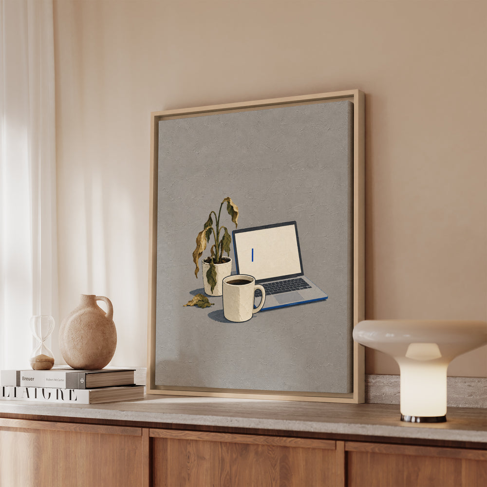 Monday: A Still Life – Funny Office Decor with Cold Coffee and a Dead Plant – Canvas / Framed Canvas