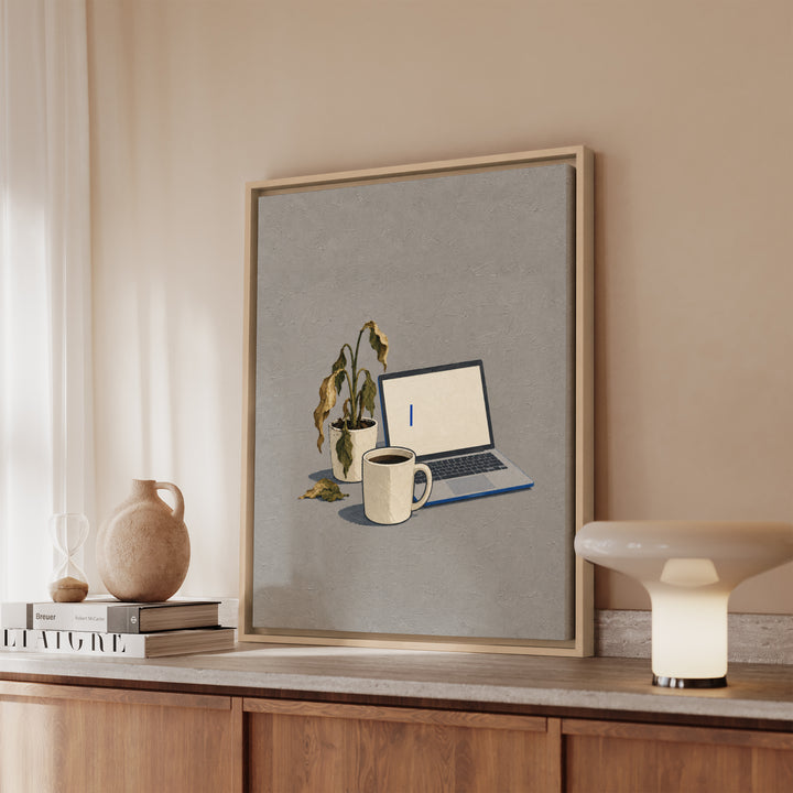 Monday: A Still Life – Funny Office Decor with Cold Coffee and a Dead Plant – Canvas / Framed Canvas