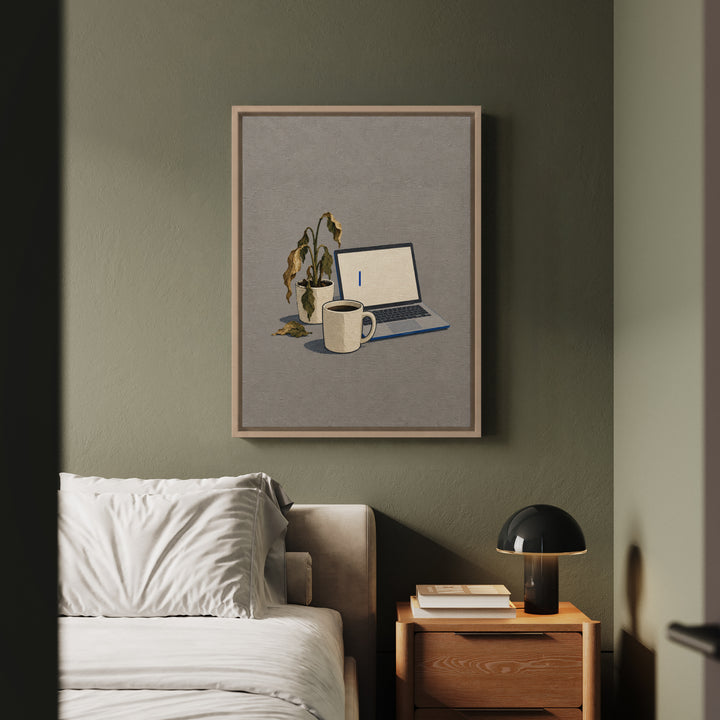 Monday: A Still Life – Funny Office Decor with Cold Coffee and a Dead Plant – Canvas / Framed Canvas