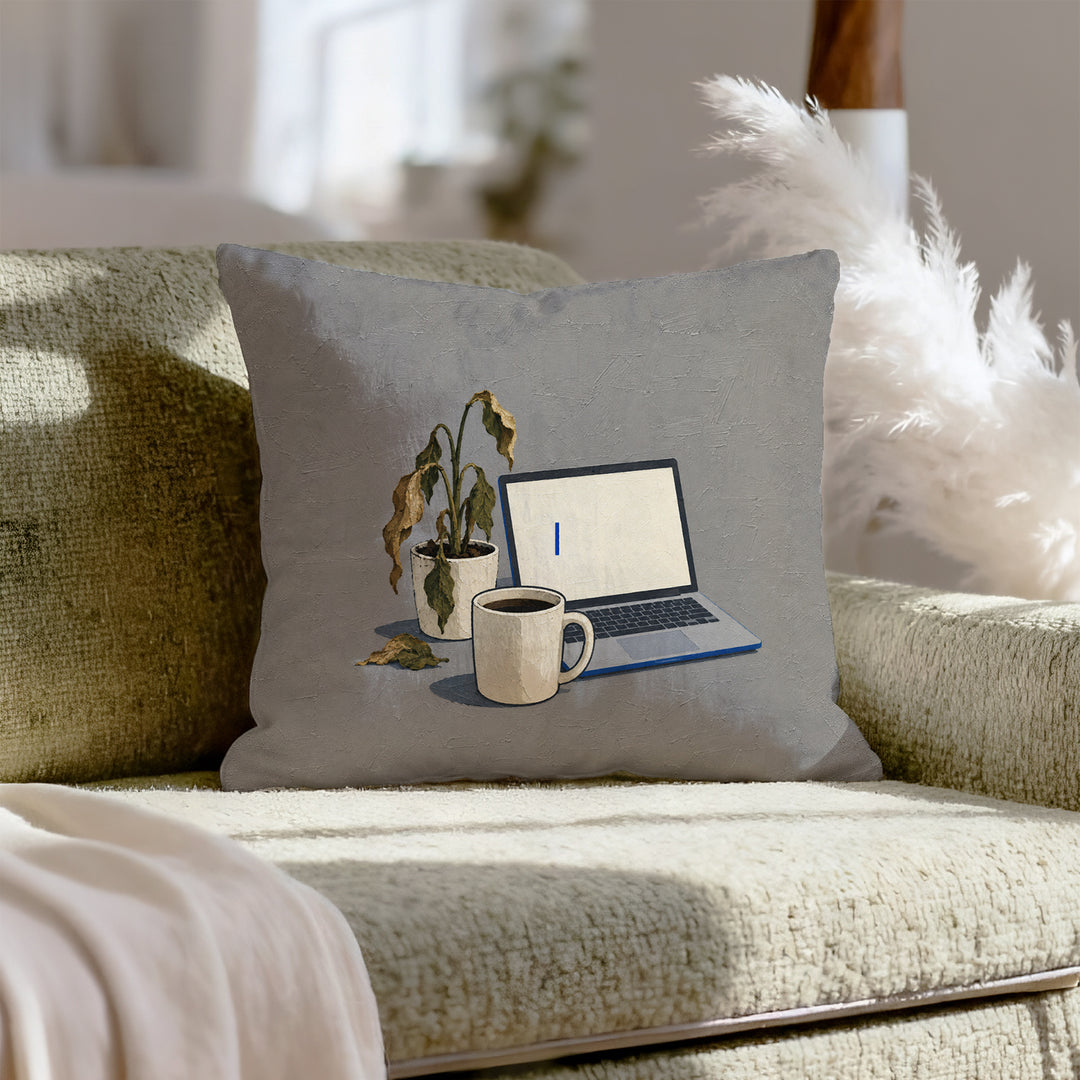 Monday: A Still Life – Funny Office Decor with Cold Coffee and a Dead Plant – Pillow Cover