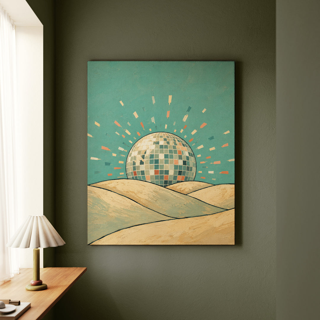 Disco Ball Sunrise – Funky Wall Art with a Mirrored Sphere Over the Hills – Canvas Wall Art