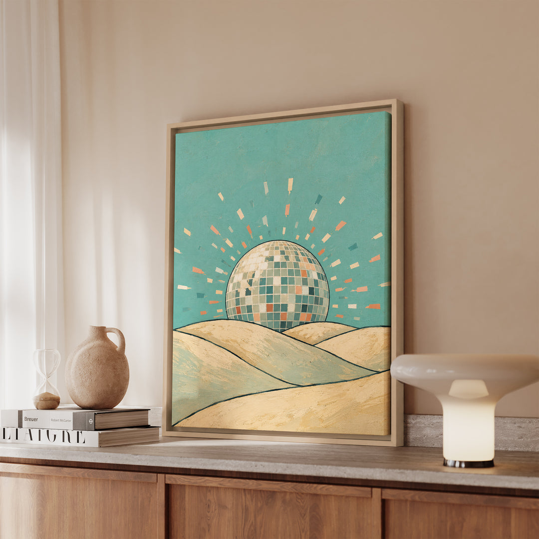 Disco Ball Sunrise – Funky Wall Art with a Mirrored Sphere Over the Hills – Framed Canvas Wall Art