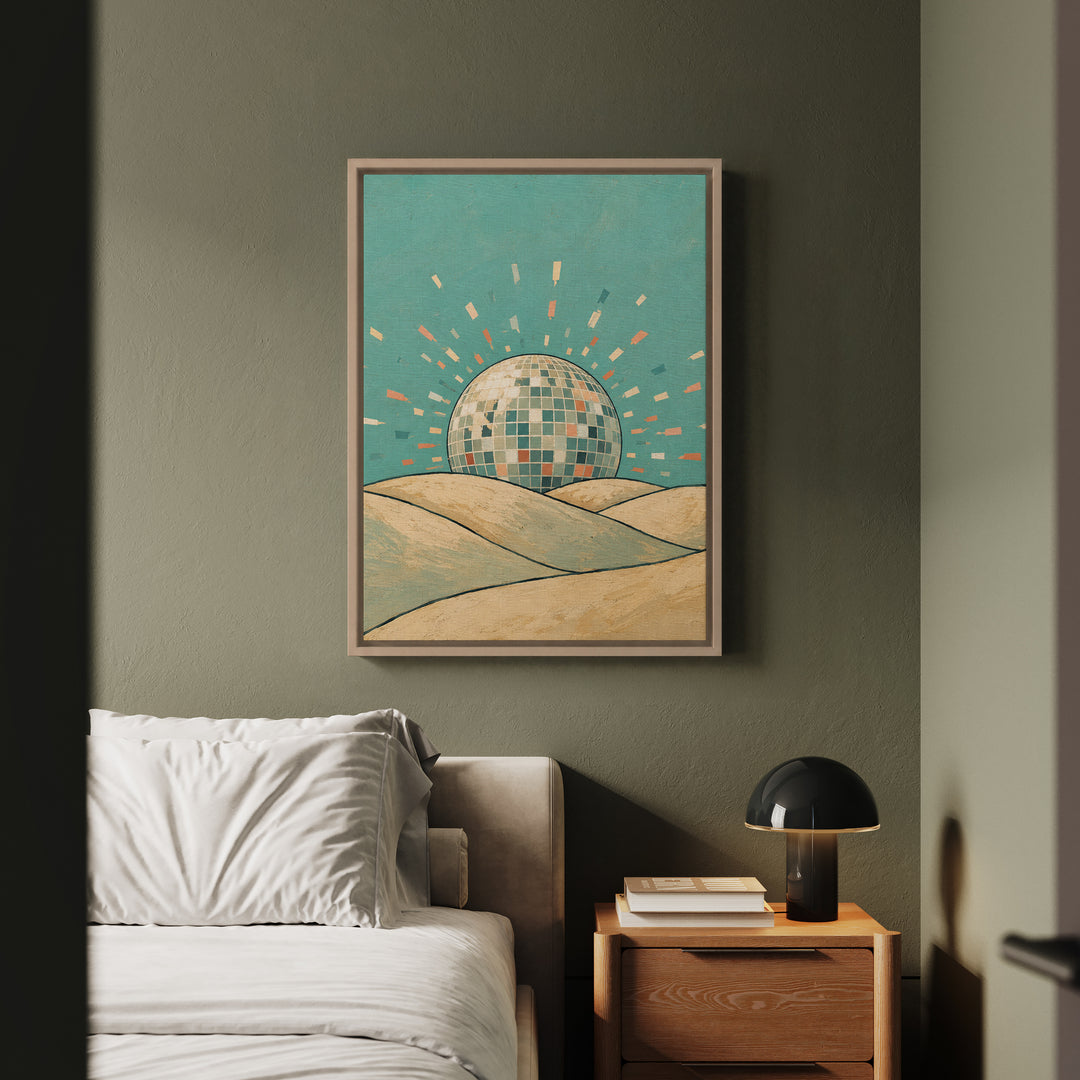 Disco Ball Sunrise – Funky Wall Art with a Mirrored Sphere Over the Hills – Framed Canvas Wall Art