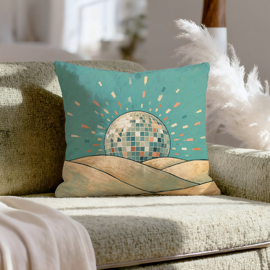 Disco Ball Sunrise – Funky Decor with a Mirrored Sphere Over the Hills – Pillow Cover