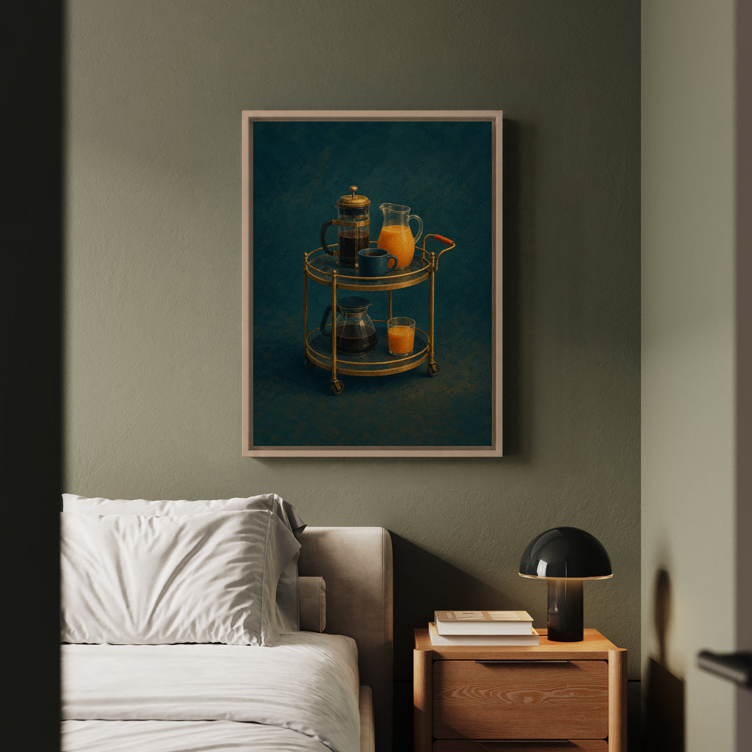 Bar Cart, Sunday 9 AM – Bar Cart Art with Innocent Morning Light – Canvas / Framed Canvas