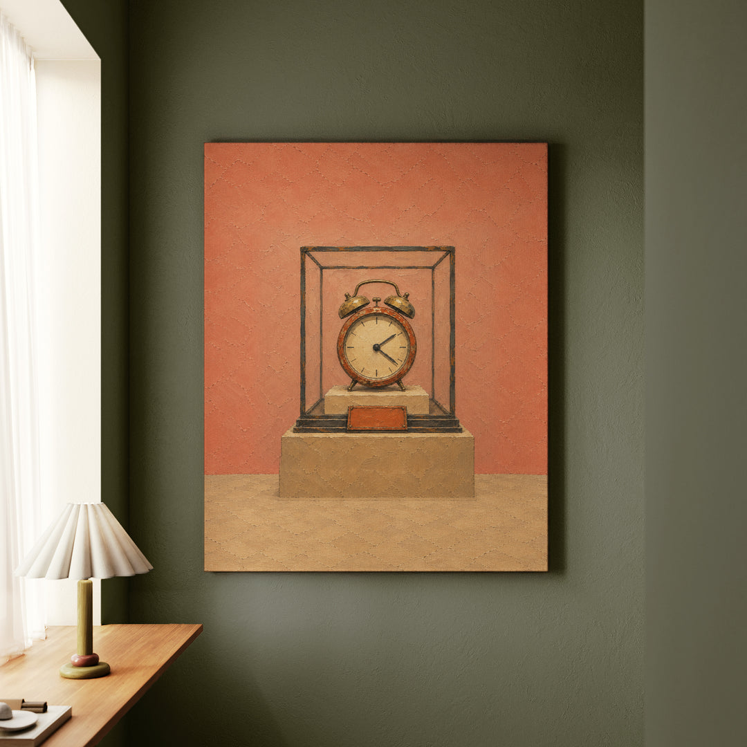 The Snooze Museum – Above Bed Art with an Alarm Clock in a Glass Case – Canvas Wall Art