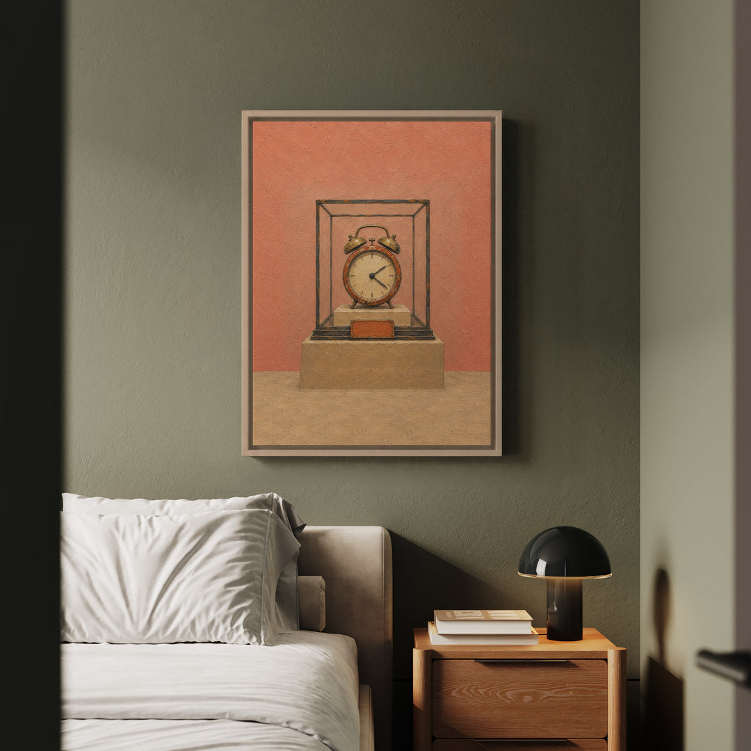 The Snooze Museum – Above Bed Art with an Alarm Clock in a Glass Case – Framed Canvas Wall Art