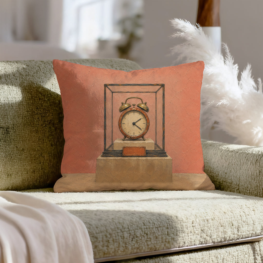 The Snooze Museum – Above Bed Decor with an Alarm Clock in a Glass Case – Throw Pillow