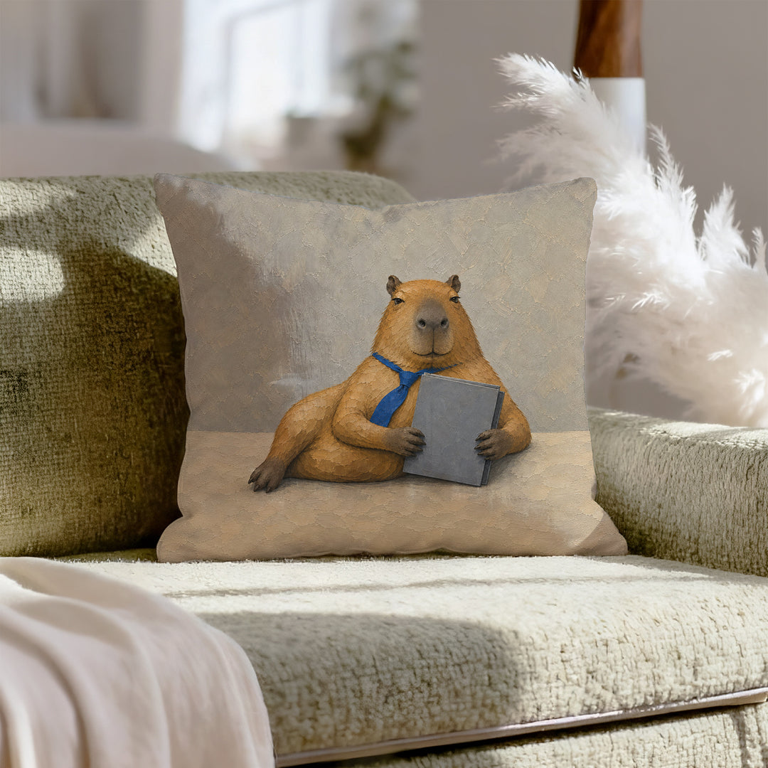 Middle Management – Office Decor with a Capybara and a Synergy Folder – Throw Pillow